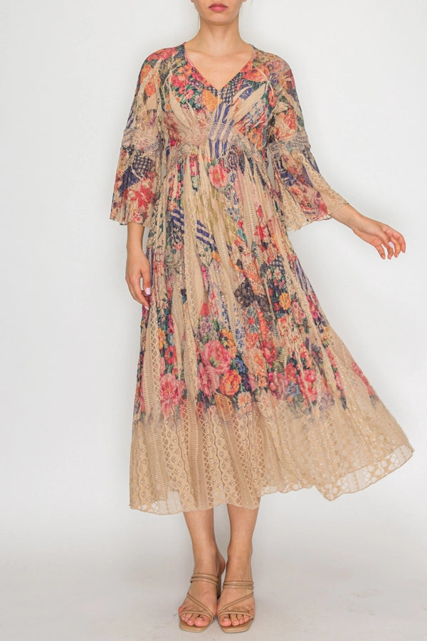 ORIGAMI APPAREL All Lace Bell-Sleeved Lined Bold Fl Dress