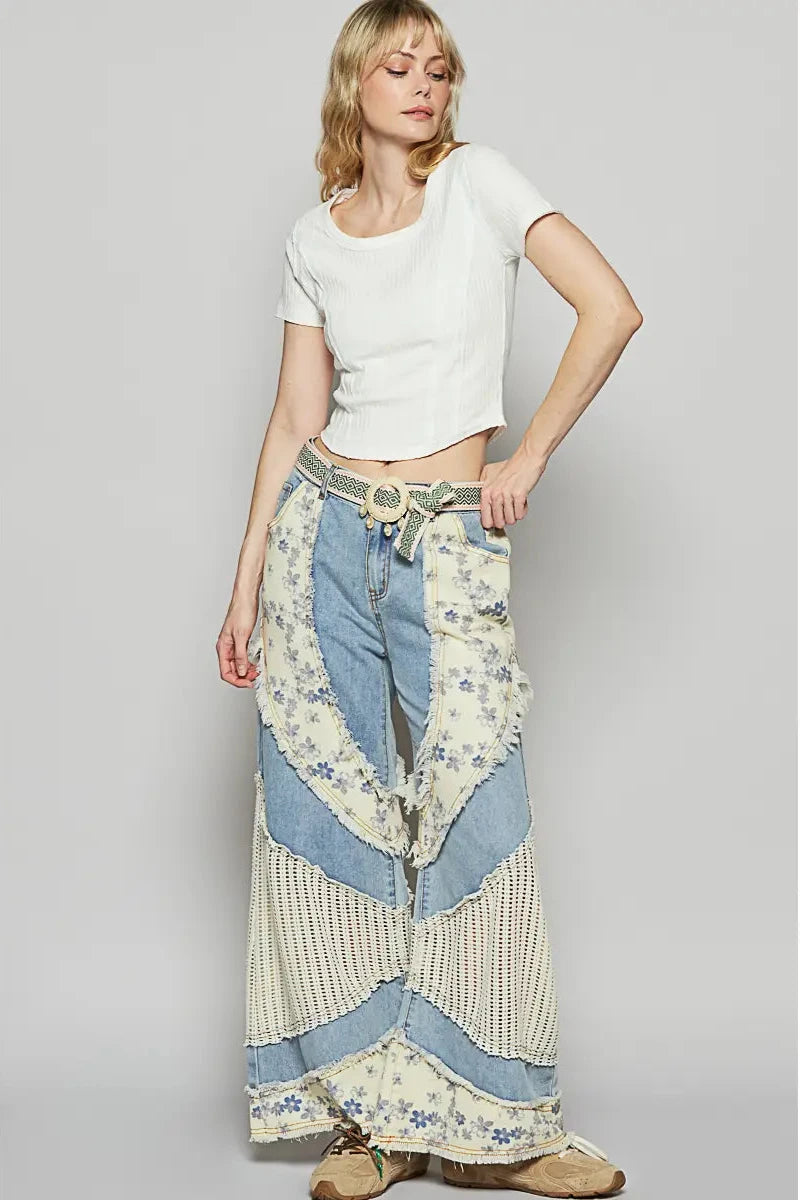Floral Print Crochet Contrast Casual Jeans