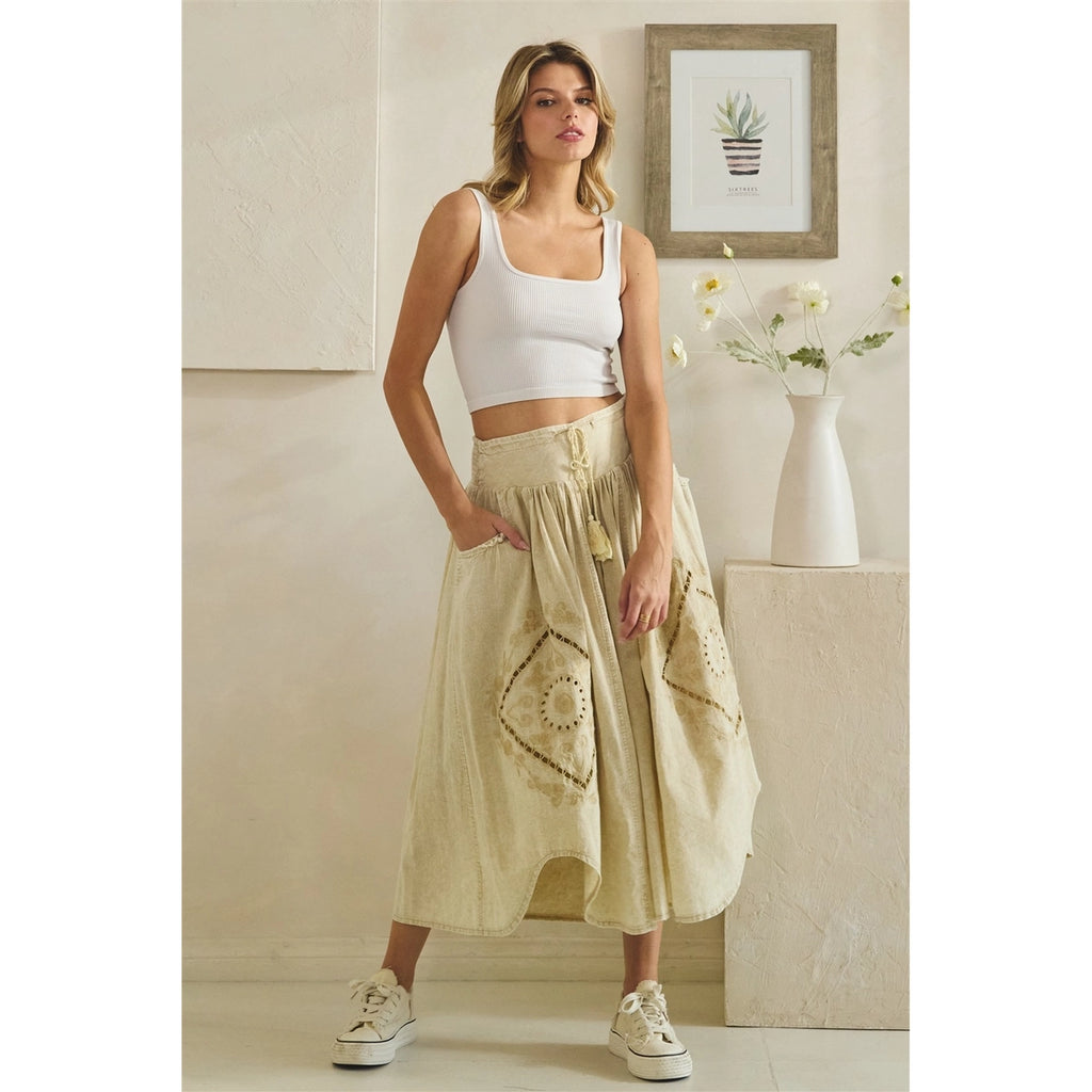 OLI & HALI Washed Wide Leg Embroidered Linen Bohemian Pants