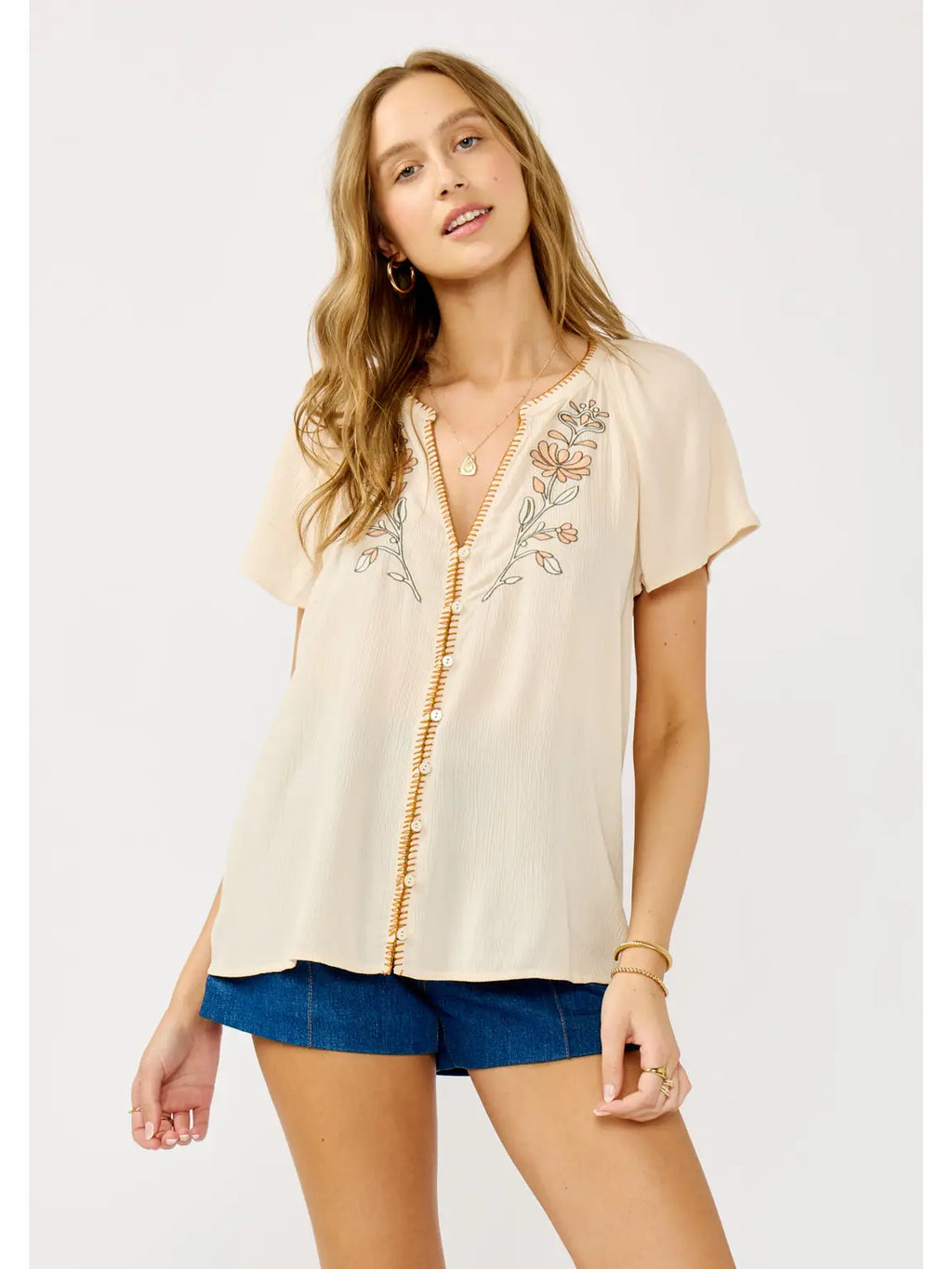 LOVESTITCH Blanket Stitch Embroidered Gauze Top