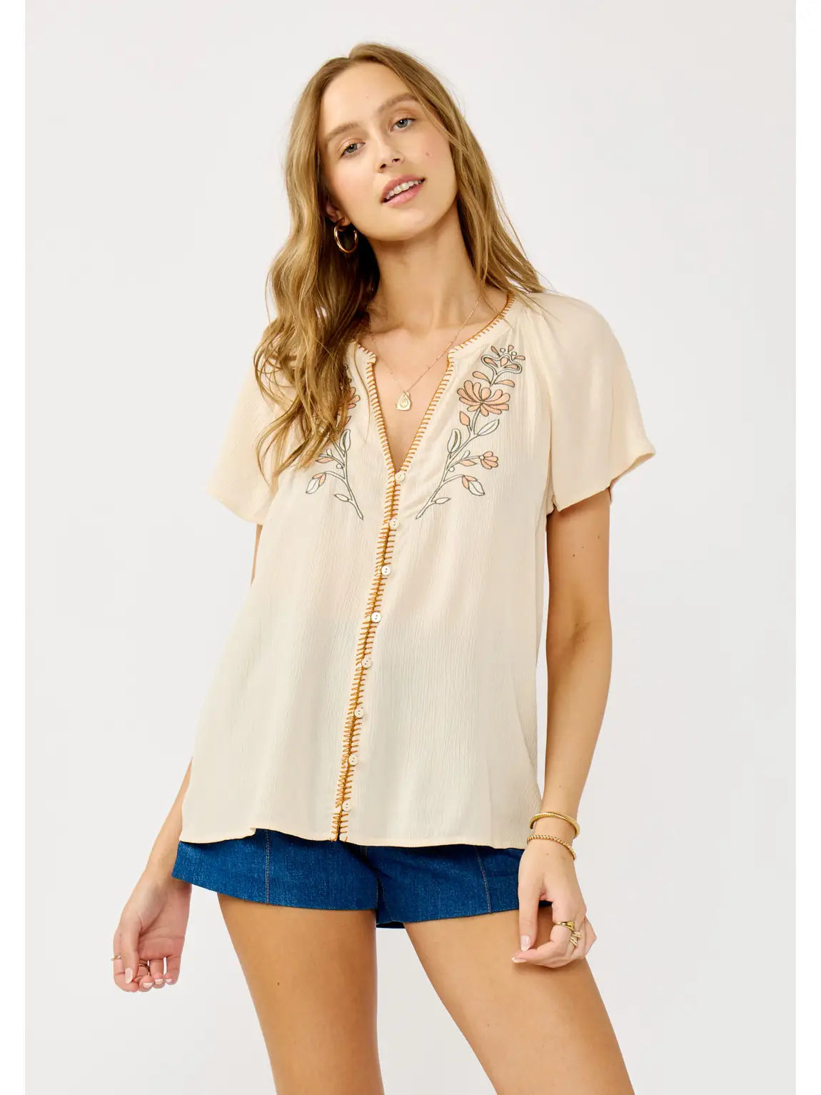 LOVESTITCH Blanket Stitch Embroidered Gauze Top