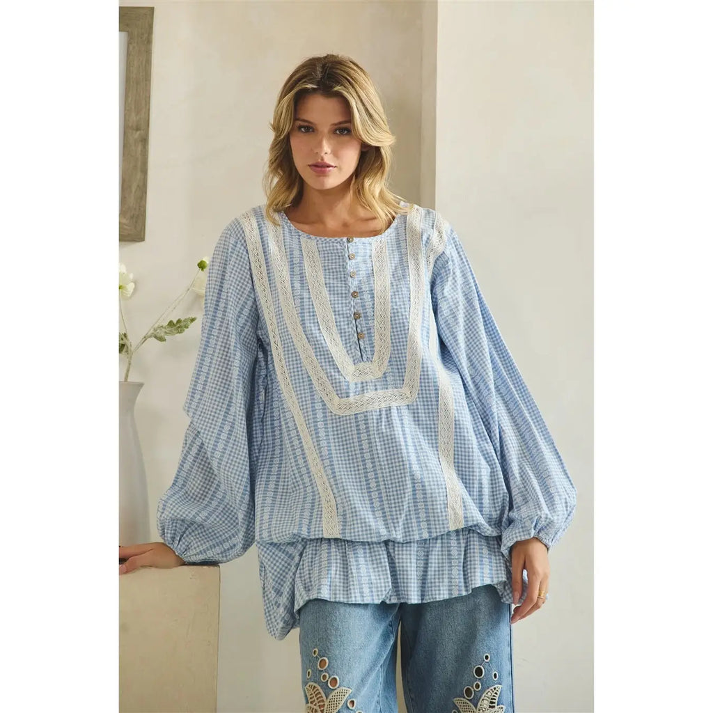 OLI & HALI Washed Gingham Ruffled Hemline Long Sleeve Blouse Top