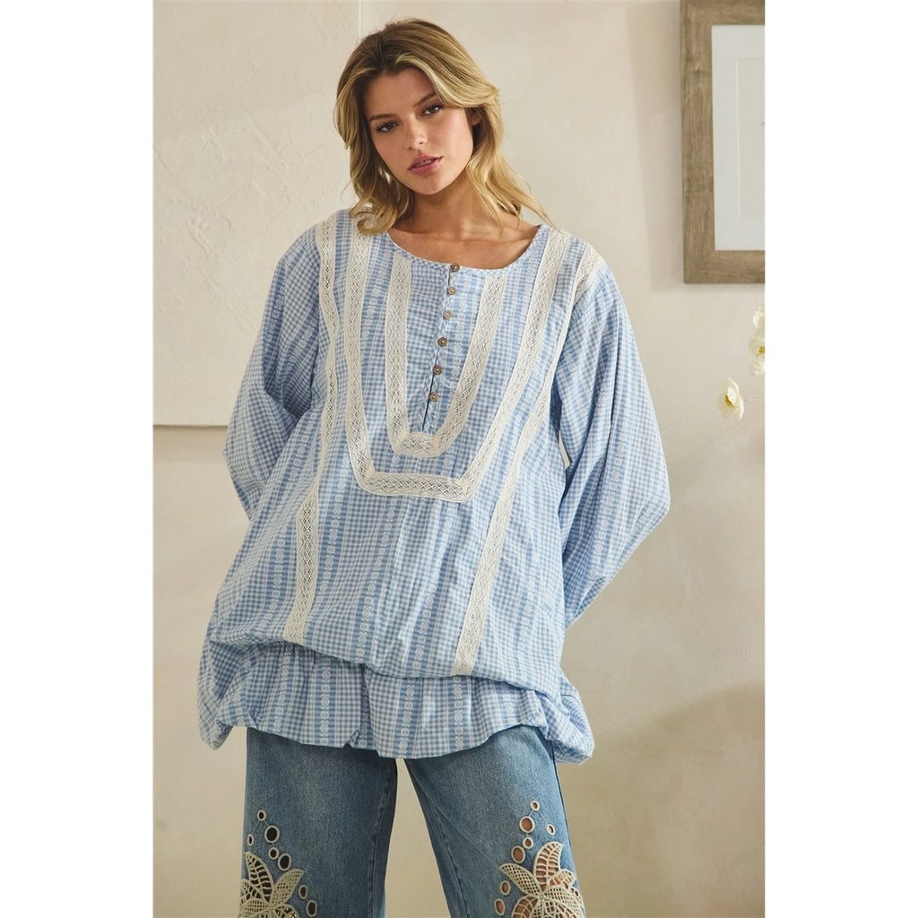 OLI & HALI Washed Gingham Ruffled Hemline Long Sleeve Blouse Top