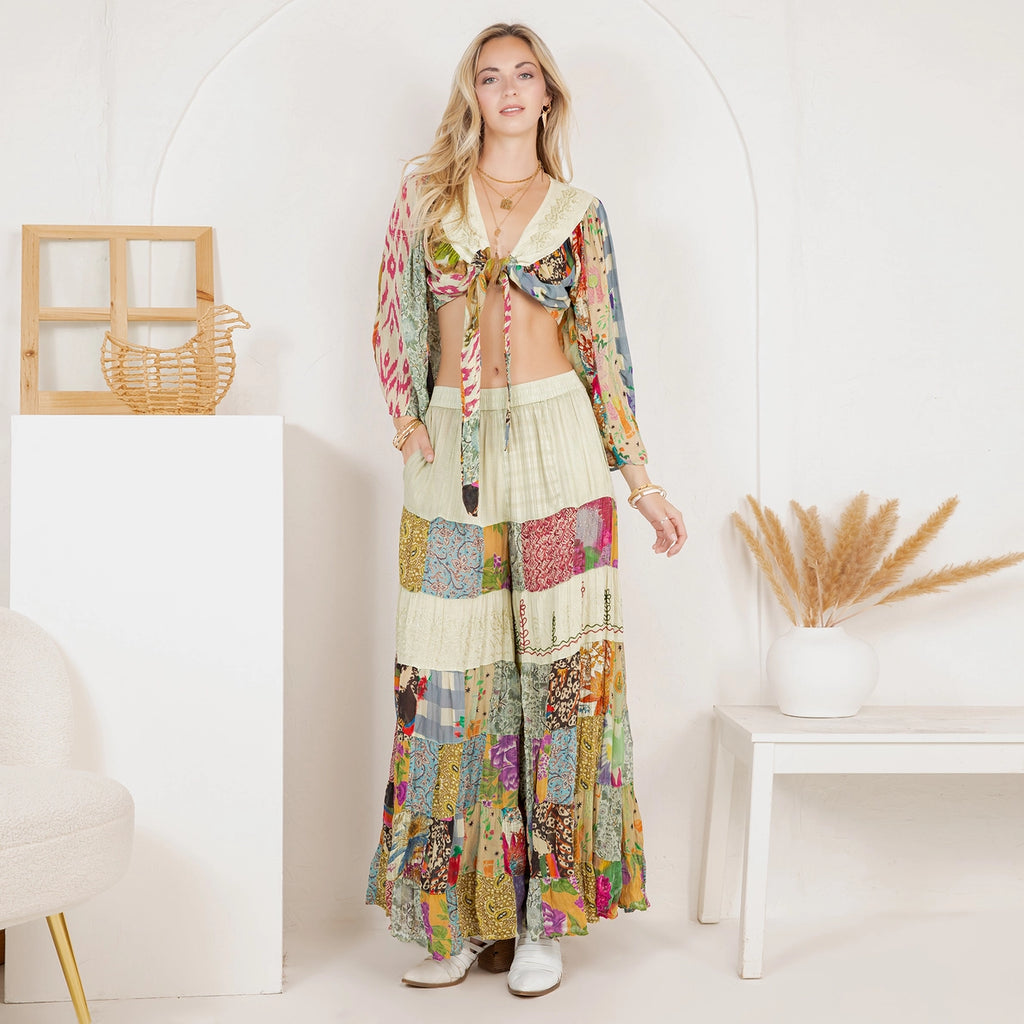 YOUNG THREAD Bohemian Patchwork Set: Tie-Front Top & Flowing Tiered Pants