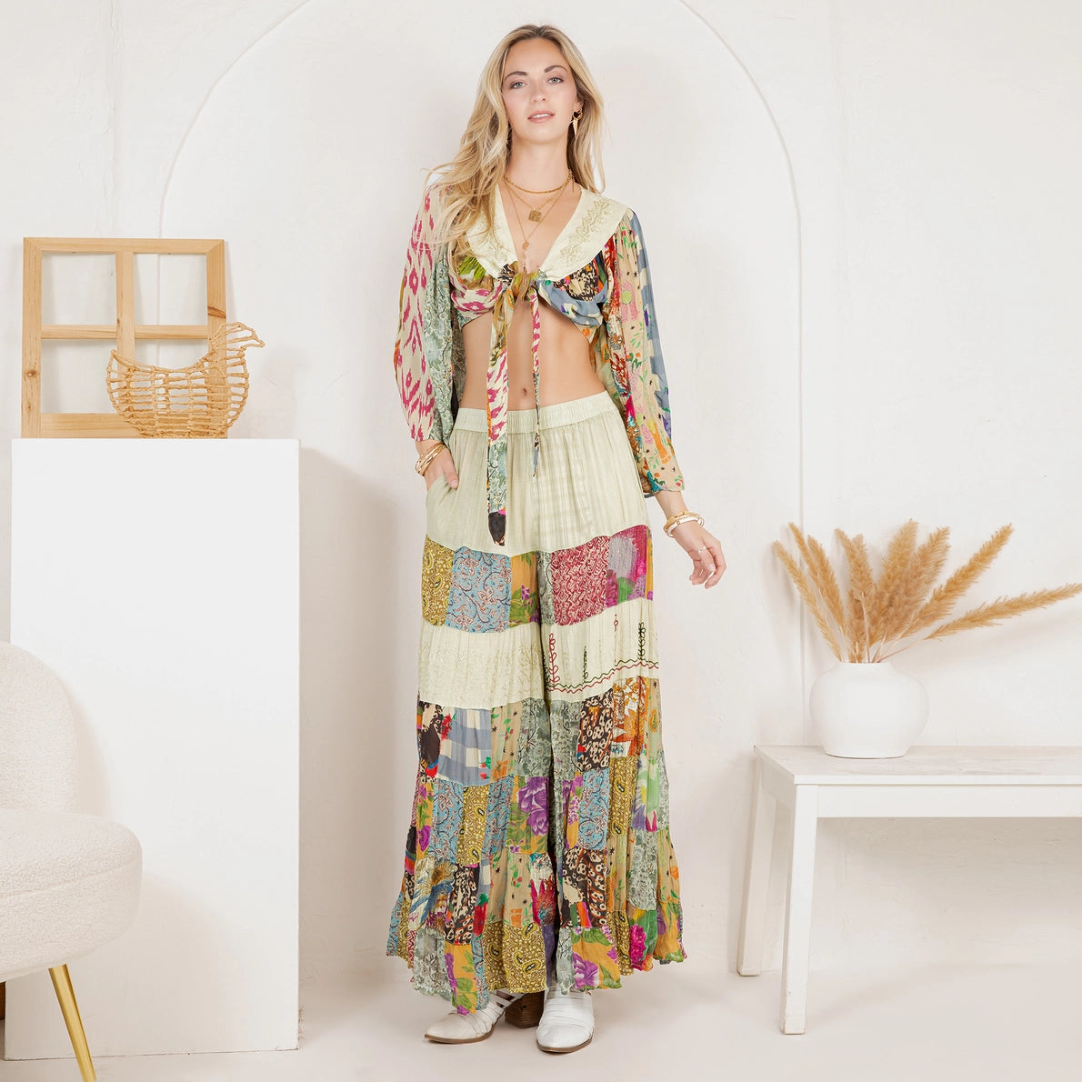 YOUNG THREAD Bohemian Patchwork Set: Tie-Front Top & Flowing Tiered Pants