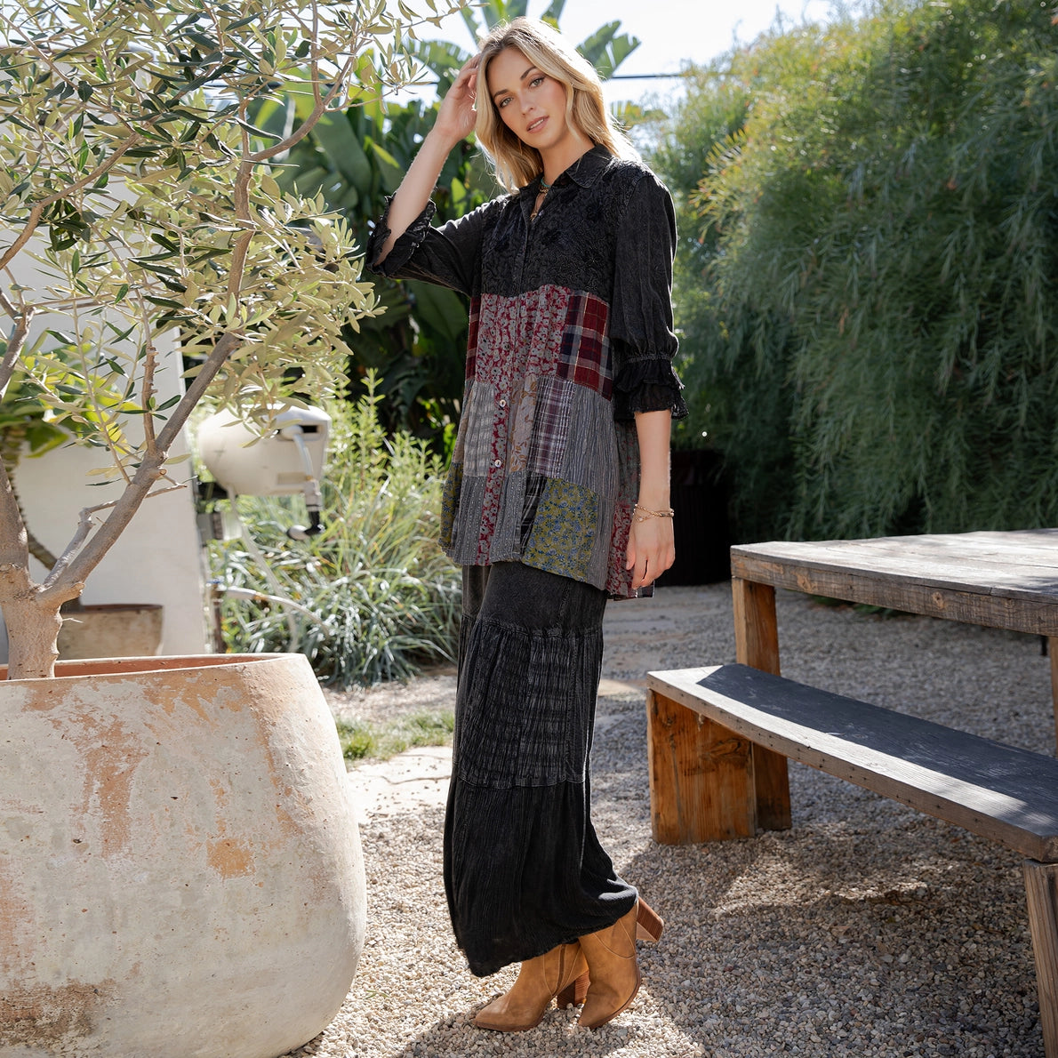 YOUNG THREAD Runway Boho Blouse Top & Mixed Print Pants - 2 Piece Set