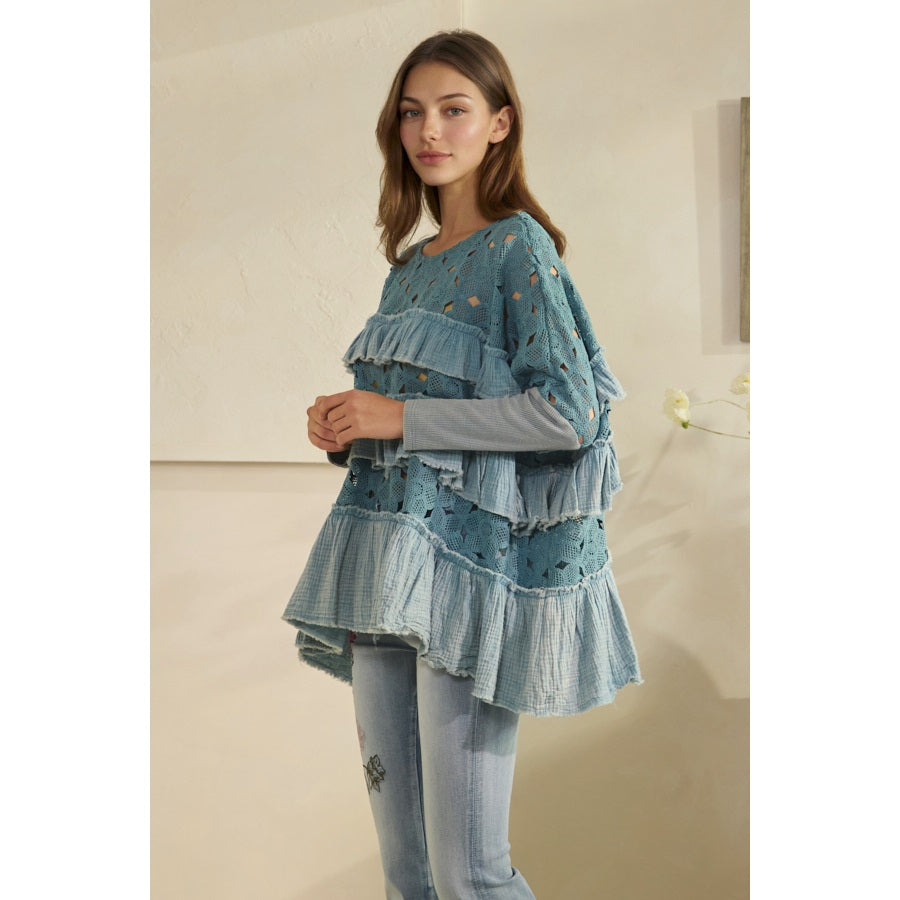 OLI & HALI Washed Eyelet Contrast with Tiered Ruffles Top