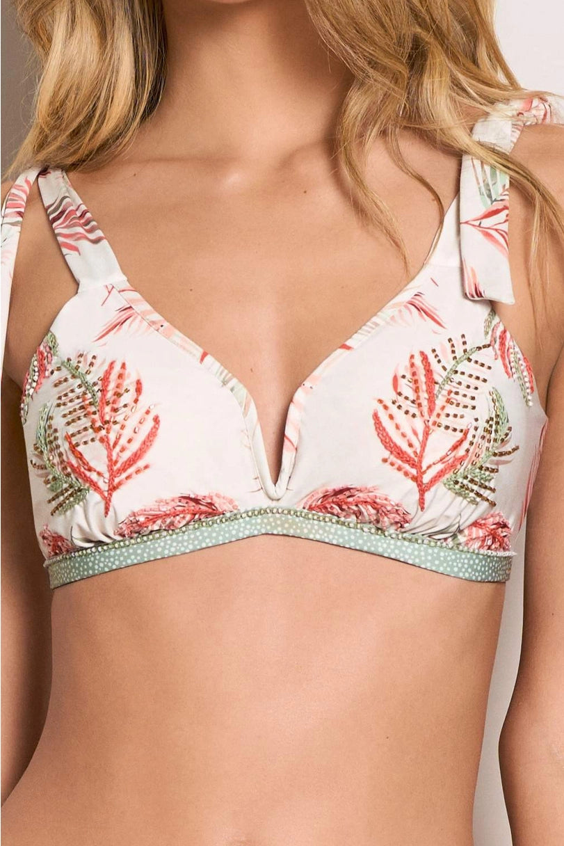 BEACH JOY BIKINI LEAF PRINT HAND BEADED V WIRE FRONT BIKINI SET