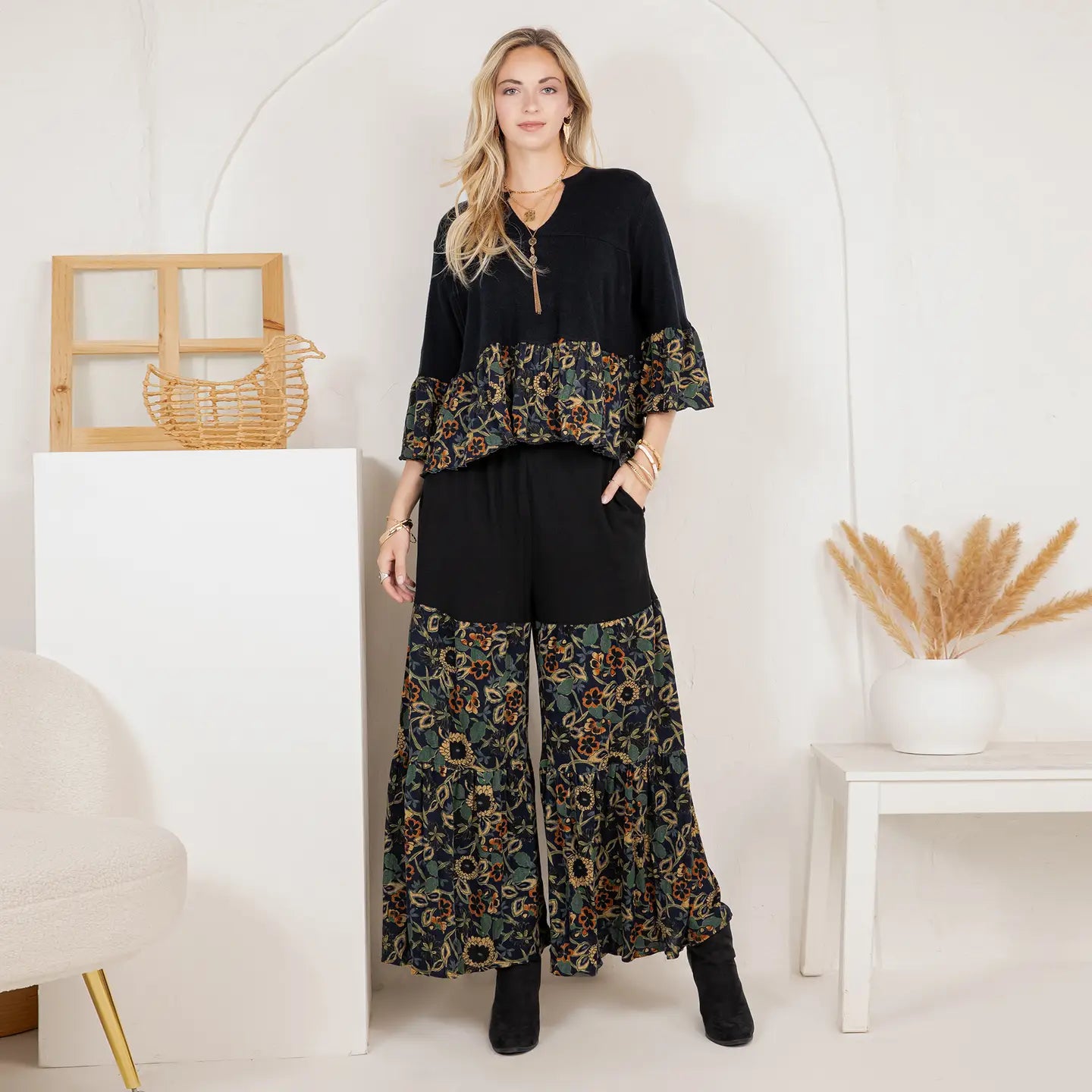 YOUNG THREAD Chic Boho Set: Sweater Jhabla & Mixed Print Drape Pants