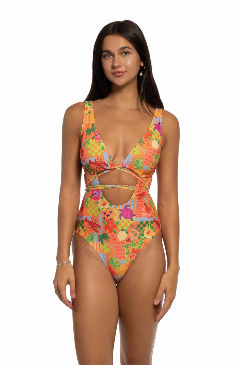 BEACH JOY BIKINI ORANGE HAWAII PRINT SCOOP ONE PIECE SWIMSUIT WITH WRAP TIES