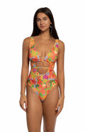 BEACH JOY BIKINI ORANGE HAWAII PRINT SCOOP ONE PIECE SWIMSUIT WITH WRAP TIES