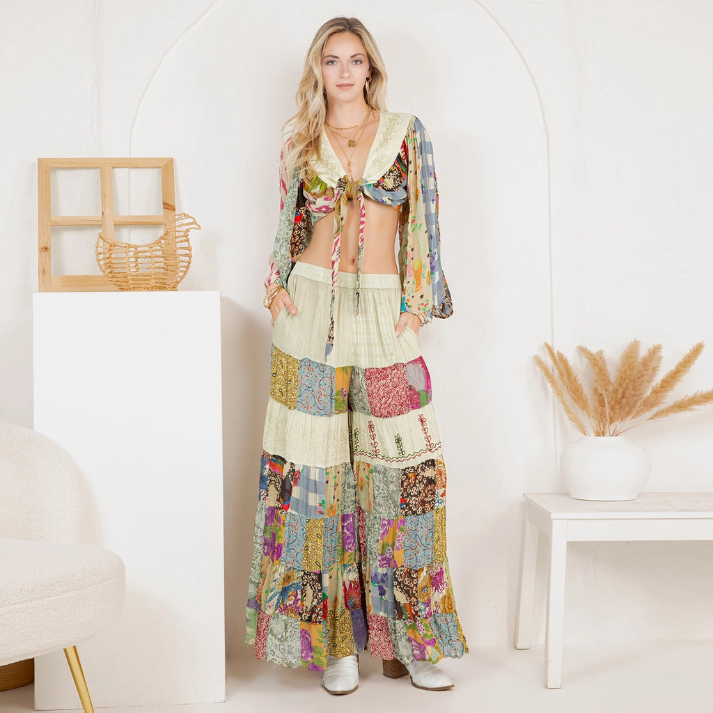 YOUNG THREAD Bohemian Patchwork Set: Tie-Front Top & Flowing Tiered Pants