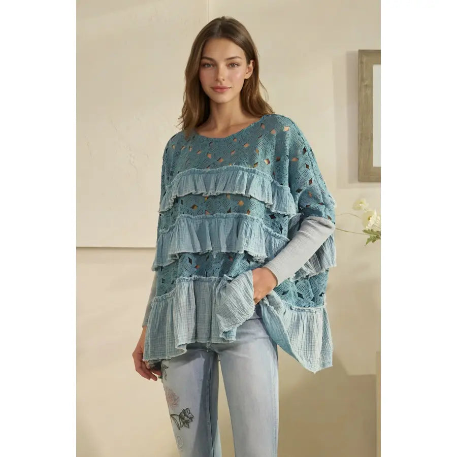 OLI & HALI Washed Eyelet Contrast with Tiered Ruffles Top