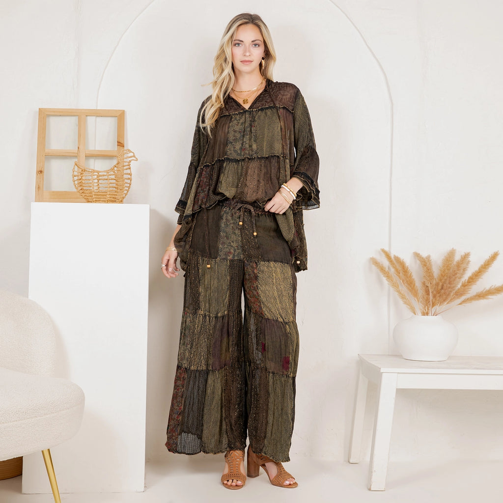 YOUNG THREAD Boho Set: Band Collar Jhabla Top & Retro Flare Pants