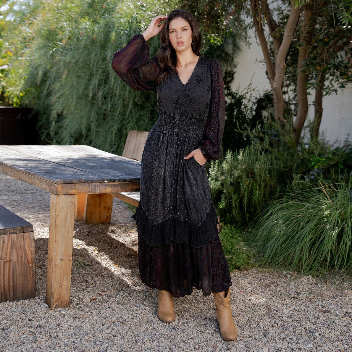 YOUNG THREAD Boho Embroidered Ruffle Maxi Smocked Dress