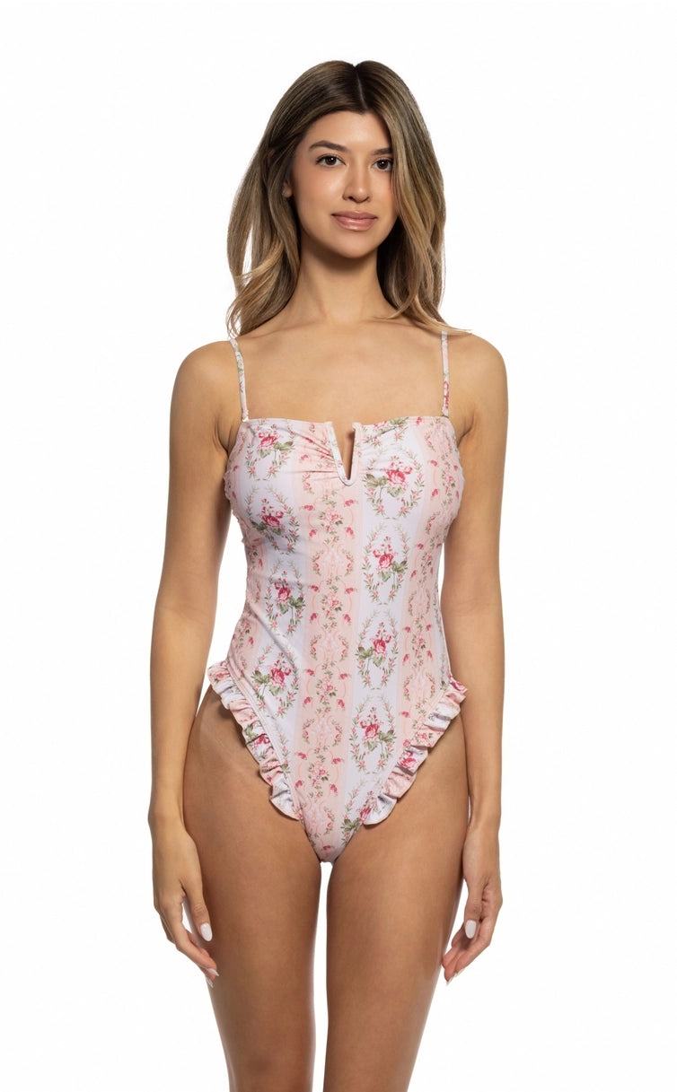 BEACH JOY BIKINI PINK FLORAL V-WIRE FRONT RUFFLED TRIM BANDEAU ONE PIECE SWIM