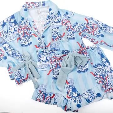 8 OAK LANE Holiday Ginger Jar Stripe Satin Ruffle Short Pj Set