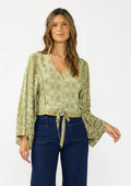 LOVESTITCH V-Neck Button-Down Tie Front Wide Sleeve Blouse w/ Lace Trim