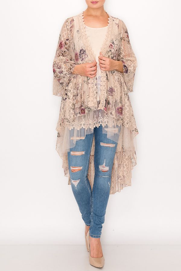 ORIGAMI APPAREL Ethereal Lace Tiered High-Low Kimono Cardigan