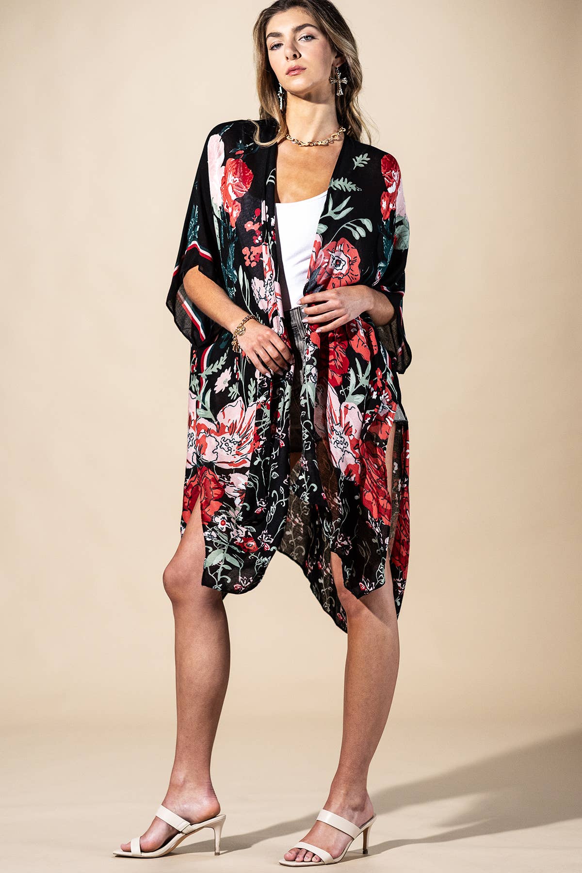 Red Flower Garden Viscose Kimono