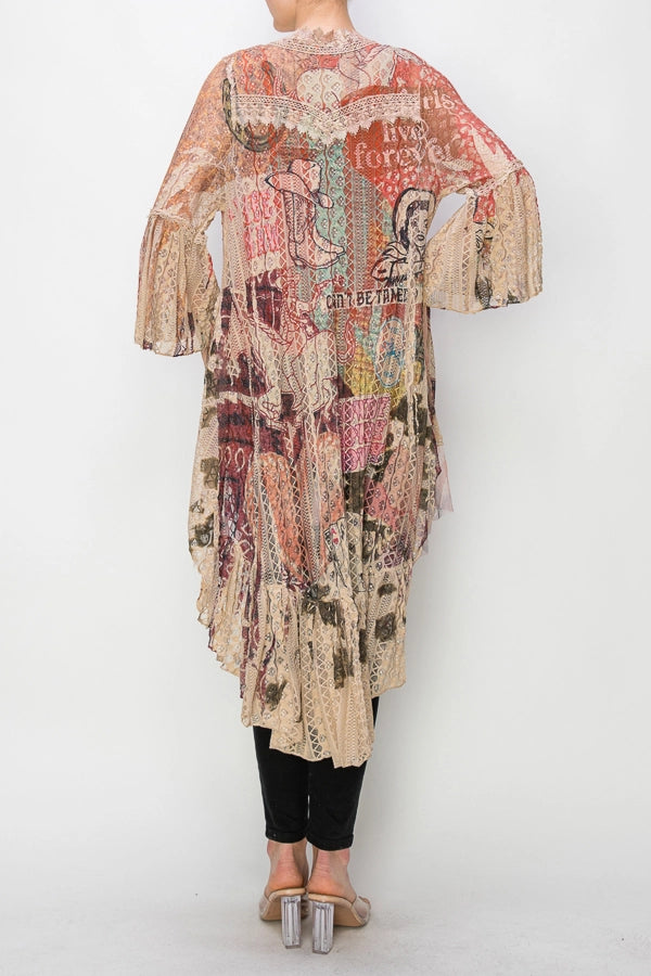 ORIGAMI & APPAREL Ethereal Lace Tiered High-Low Kimono Cardigan Taupe/Howdy