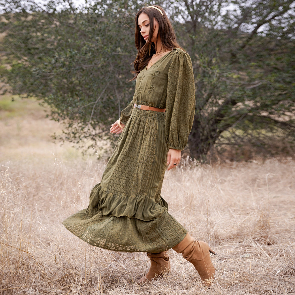YOUNG THREAD Boho Embroidered Smocked Waist Ruffle Hem Maxi Dress