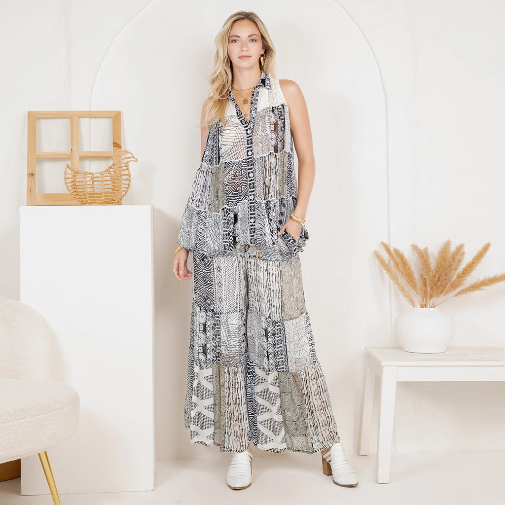 YOUNG THREAD Boho Patchwork Set: Buttondown Top & Flared Pants