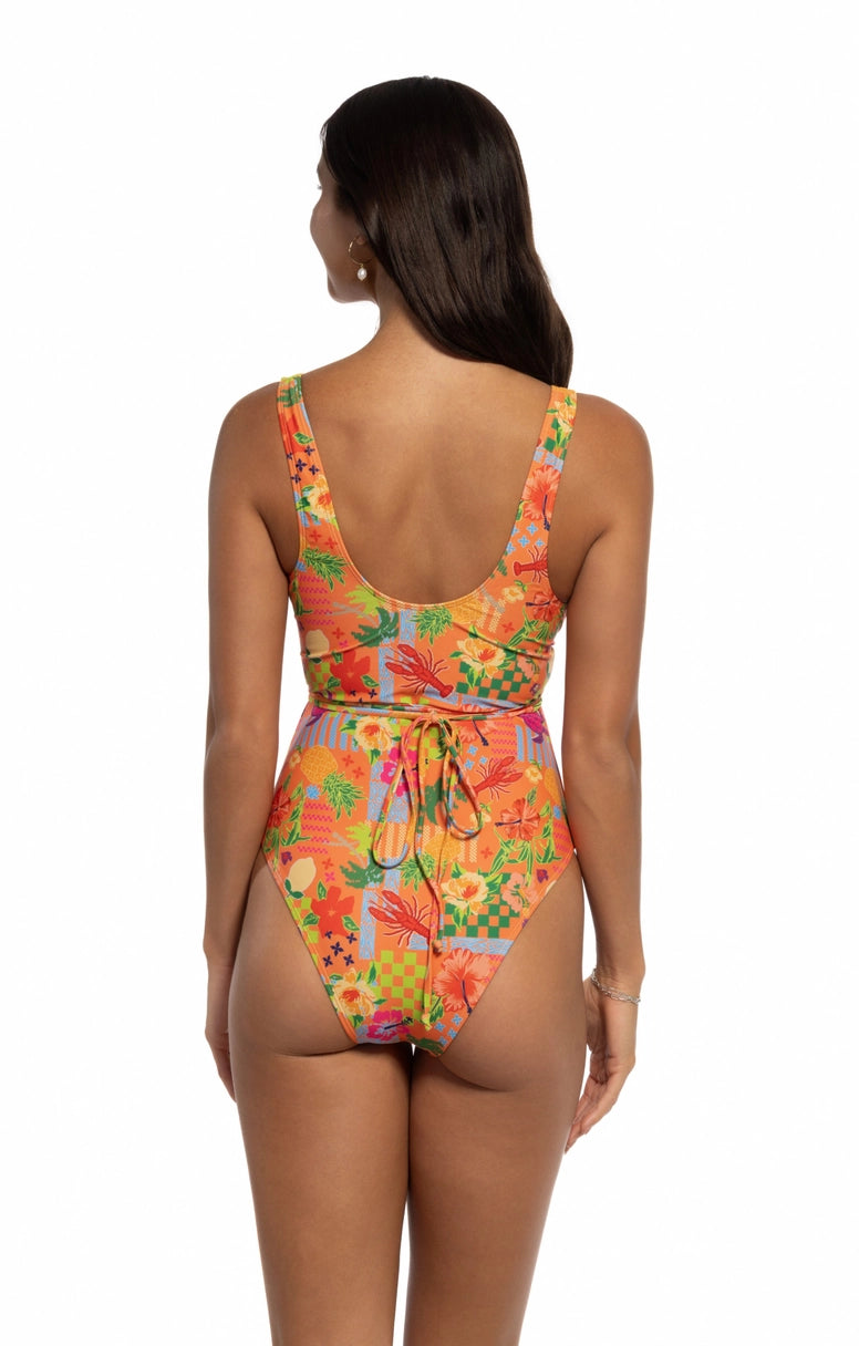 BEACH JOY BIKINI ORANGE HAWAII PRINT SCOOP ONE PIECE SWIMSUIT WITH WRAP TIES