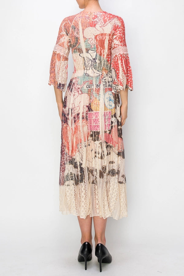 ORIGAMI APPAREL Romantic Lace Bell-Sleeved A-Line Midi Howdy Dress