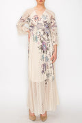 ORIGAMI APPAREL Romantic Lace Bell-Sleeved A-Line Midi Dress Embo Fl