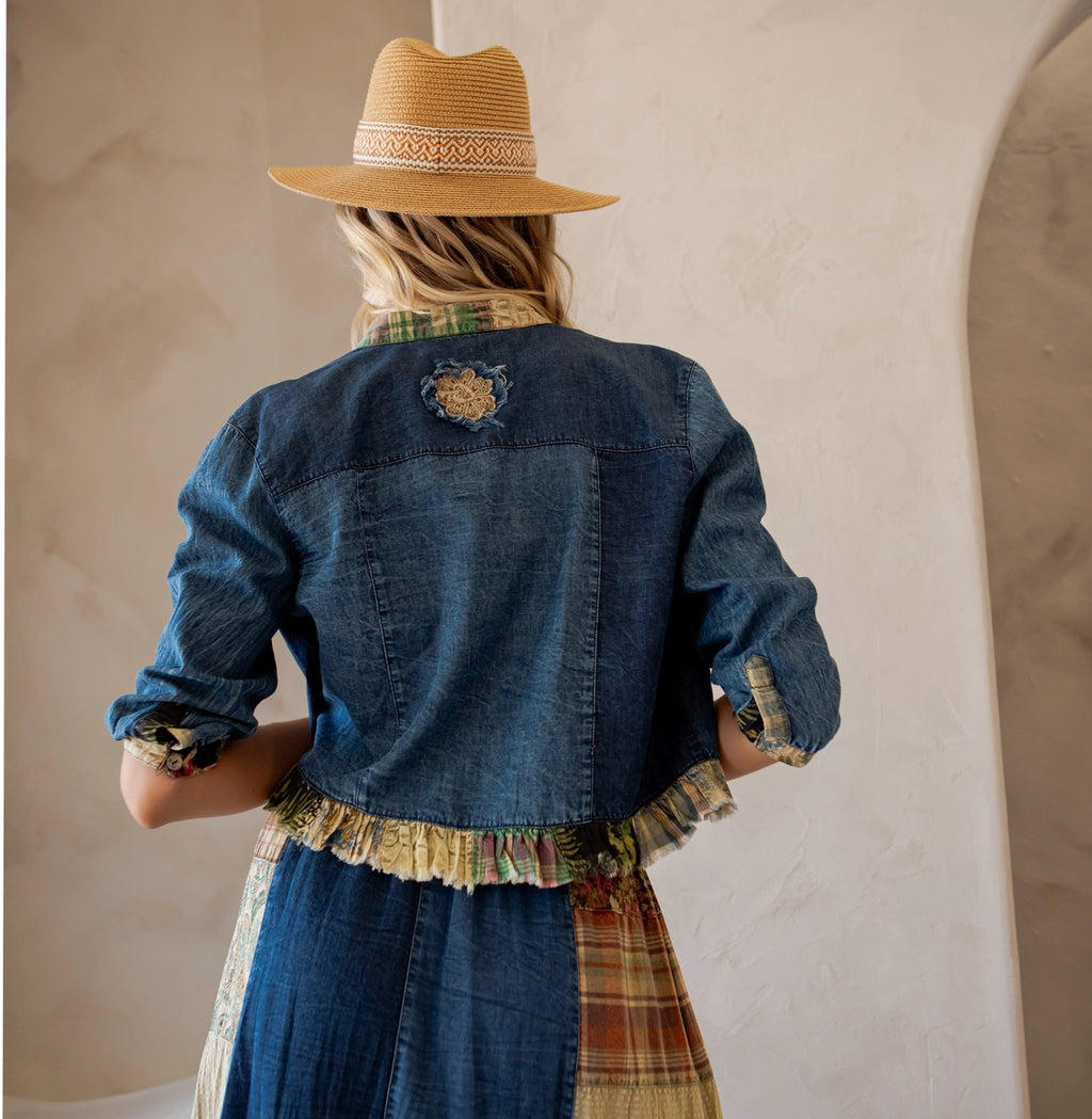 YOUNG THREAD Western Boho Chic: Patchwork Cropped Denim Jacket