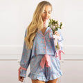 8 OAK LANE COTTAGE FLORAL PERIWINKLE SATIN RUFFLE PJ SHORT SET