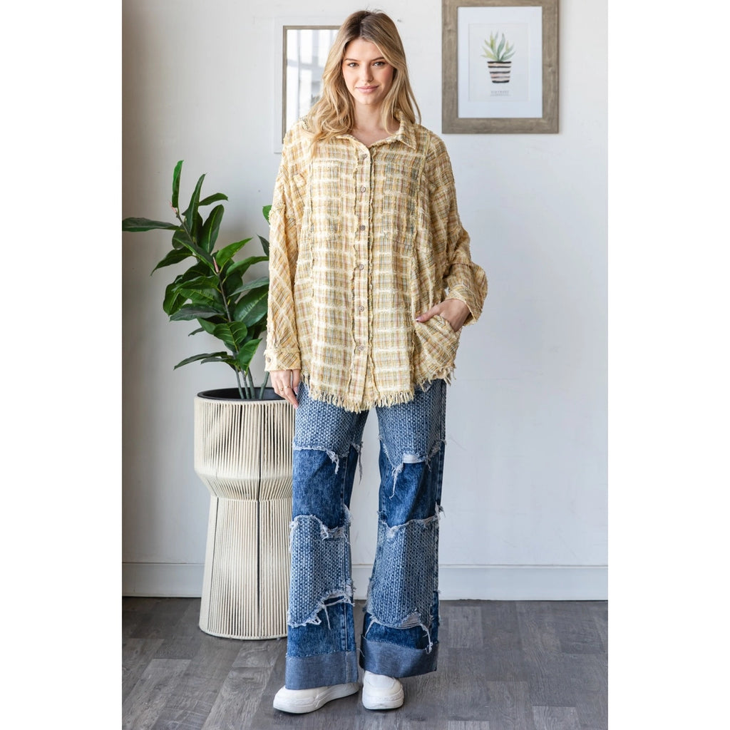OLI & HALI Washed Plaid Mixed Button Down Shirt Top