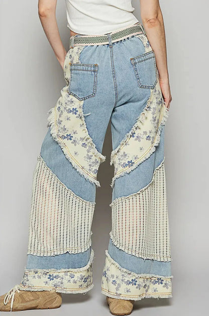 Floral Print Crochet Contrast Casual Jeans