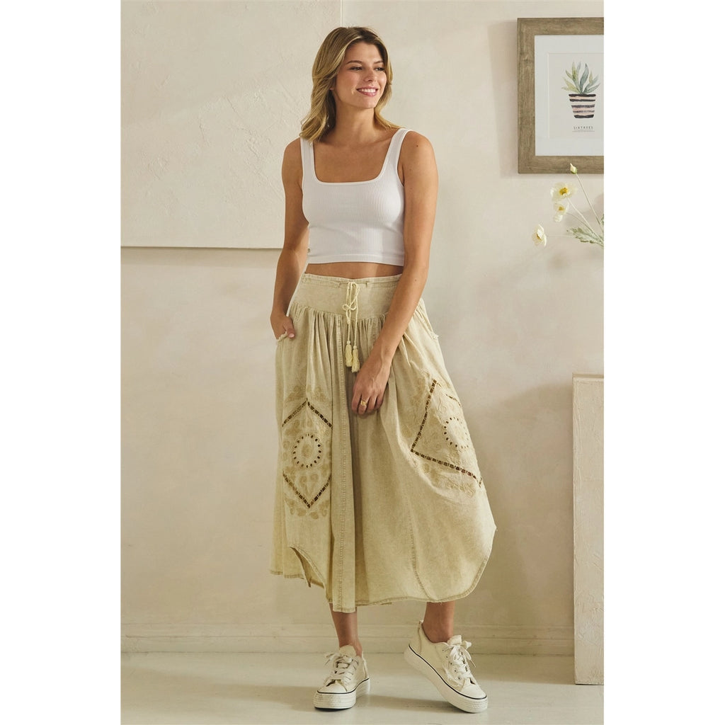 OLI & HALI Washed Wide Leg Embroidered Linen Bohemian Pants