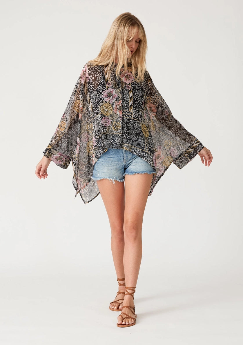 LOVE STITCH Sheer Floral Asymmetric Button Front Blouse