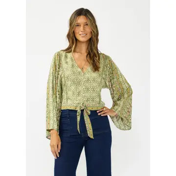 LOVESTITCH V-Neck Button-Down Tie Front Wide Sleeve Blouse w/ Lace Trim
