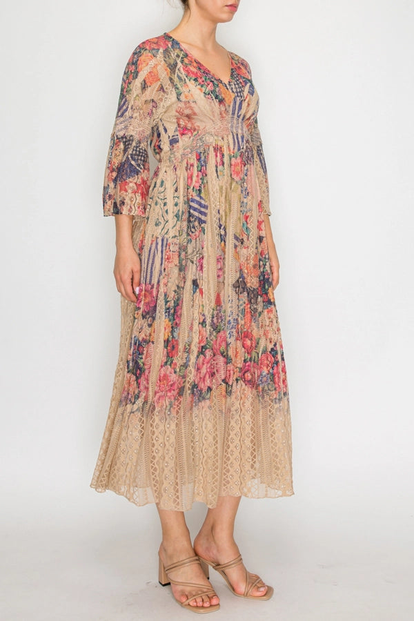 ORIGAMI APPAREL All Lace Bell-Sleeved Lined Bold Fl Dress