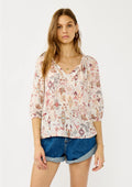 LOVESTITCH 3/4 Split Neck Lace Trim Crinkle Blouse