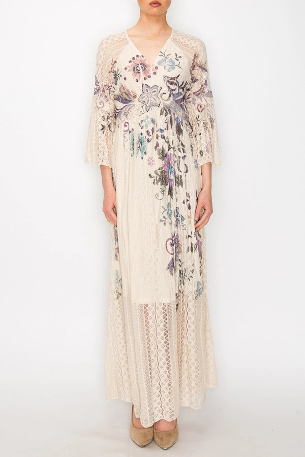 ORIGAMI APPAREL Romantic Lace Bell-Sleeved A-Line Midi Dress Embo Fl
