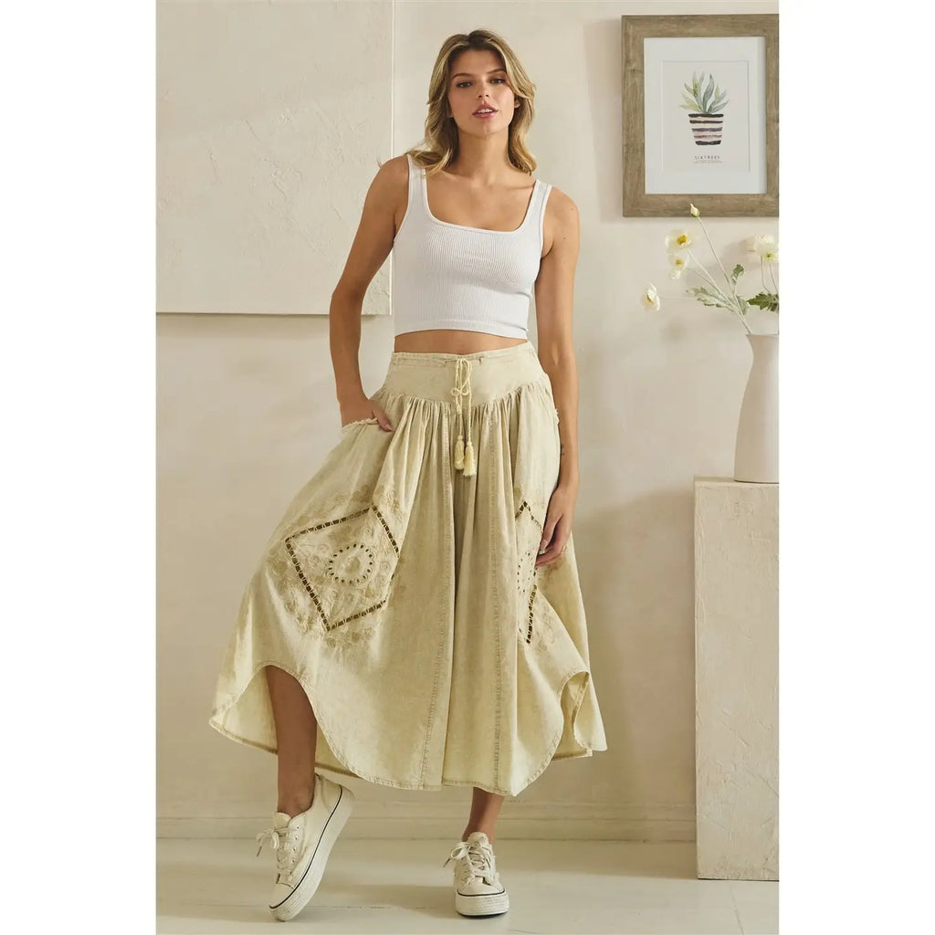 OLI & HALI Washed Wide Leg Embroidered Linen Bohemian Pants