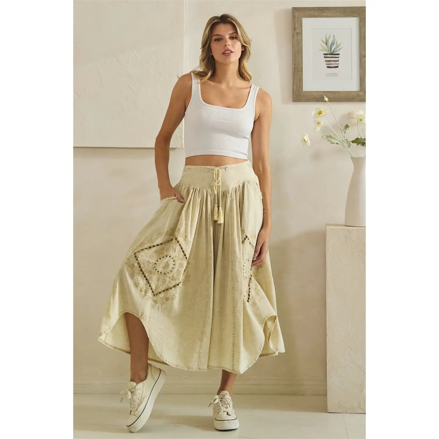 OLI & HALI Washed Wide Leg Embroidered Linen Bohemian Pants