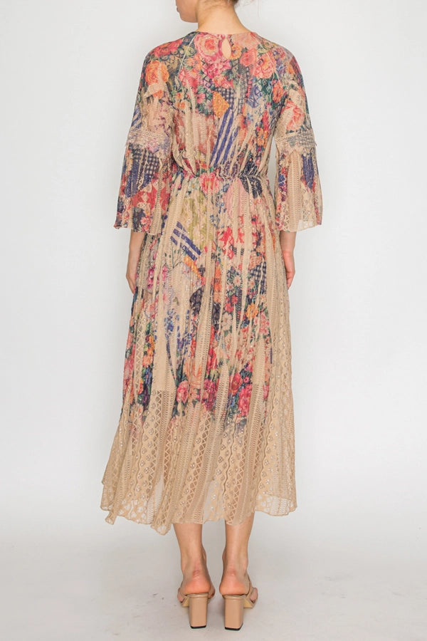 ORIGAMI APPAREL All Lace Bell-Sleeved Lined Bold Fl Dress