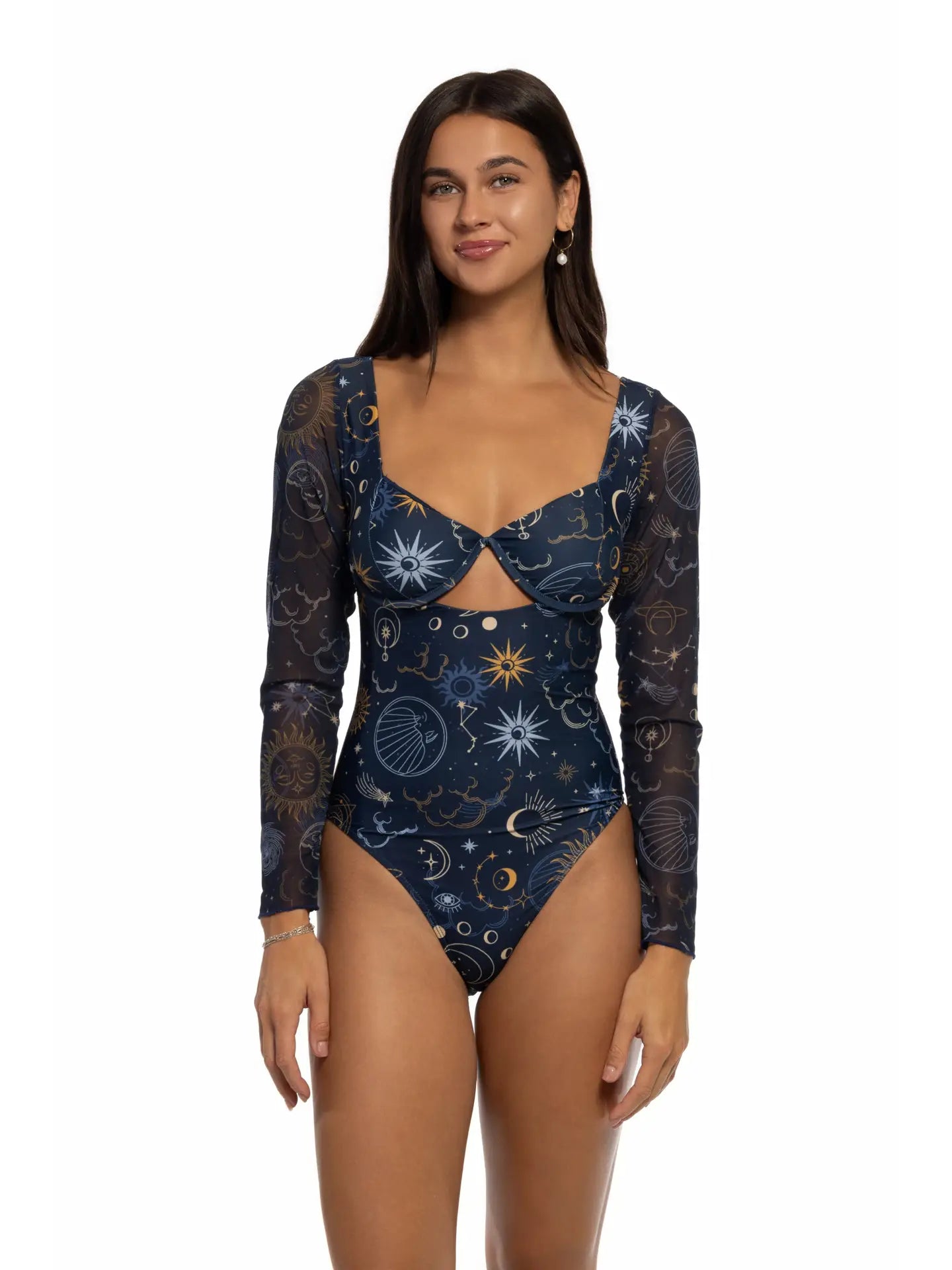 BEACH JOY BIKINI NAVY ASTROLOGY PRINT MESH LONG SLEEVE RASH GUARD ONE PIECE