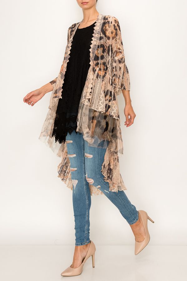 ORIGAMI APPAREL Ethereal Lace Tiered High-Low Kimono Cardigan