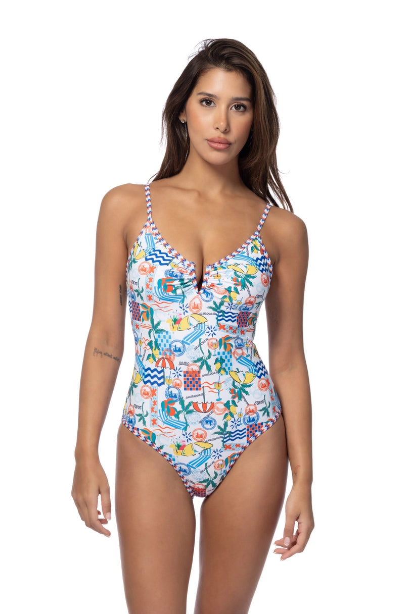 BEACH JOY BIKINI VACATION V WIRE FRONT ONE PIECE SWIMSUIT W/ CONTRAST DETAIL
