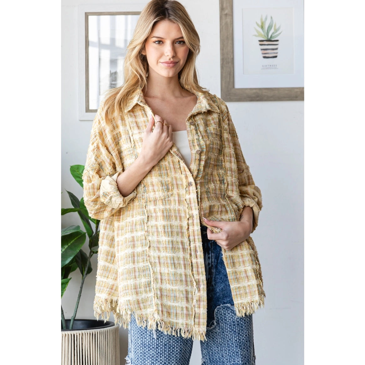 OLI & HALI Washed Plaid Mixed Button Down Shirt Top