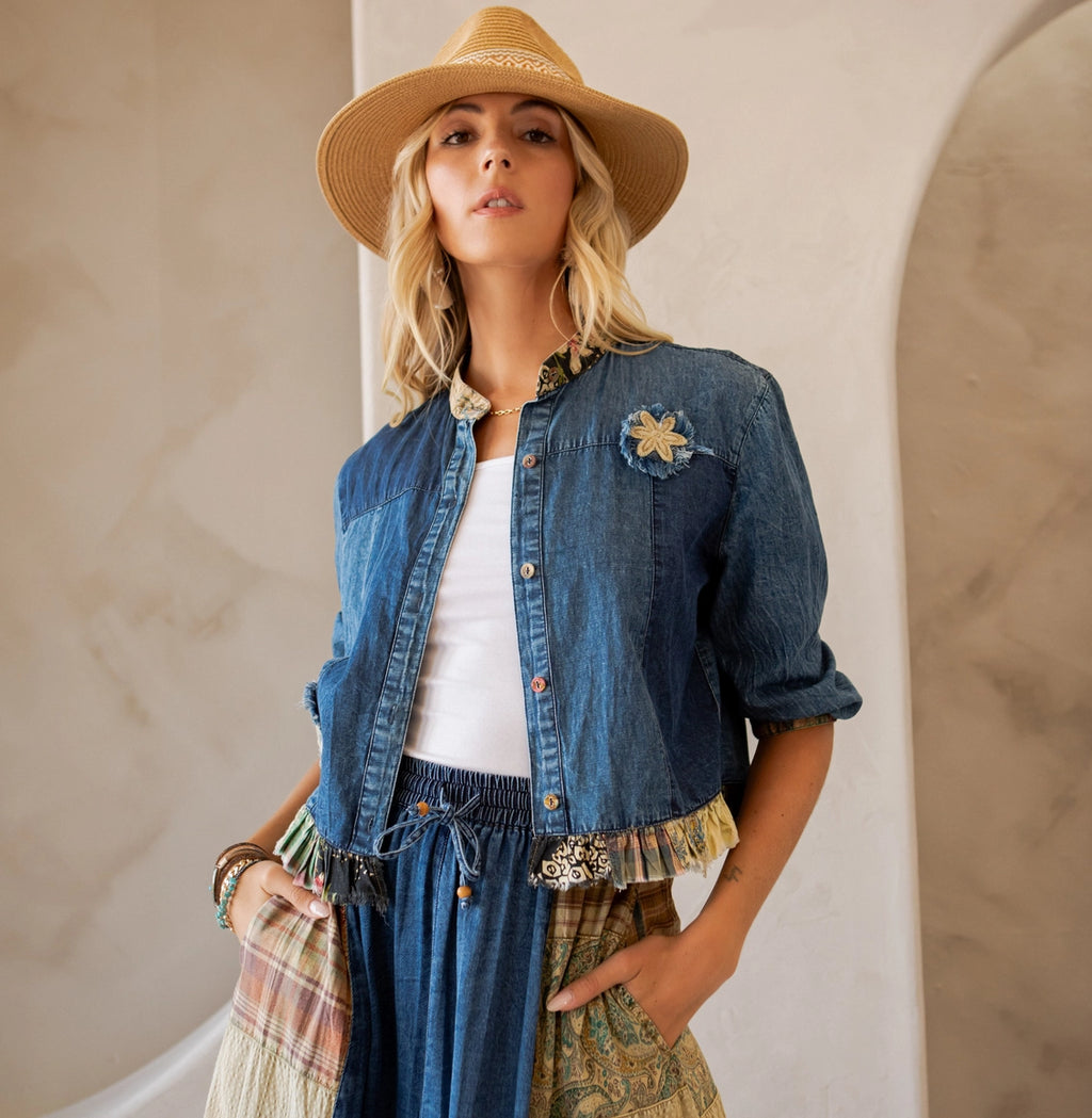 YOUNG THREAD Western Boho Chic: Patchwork Cropped Denim Jacket