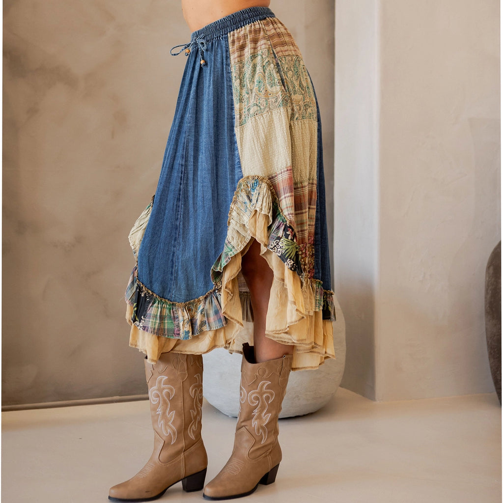 YOUNG THREAD Western Boho Chic: Patchwork Midi Skirt