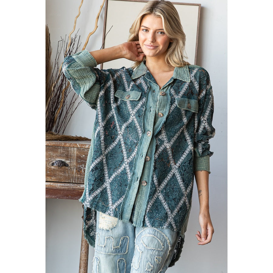 OLI & HALI Mineral Washed Button Down Lace Top